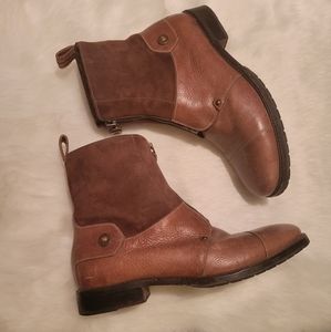 Vintage Cole Haan Zip Front Shearling Ankle Boots Cognac Taupe Brown Lea…